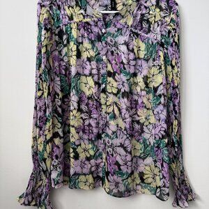 MNG Size 6 Elegant Floral Print Pleated Blouse with Bell Sleeves - Purple Yellow